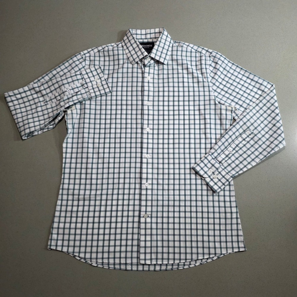 Bonobos Mens Wrinkle Free Tailored Fit Button Down Shirt Green White Grid Large